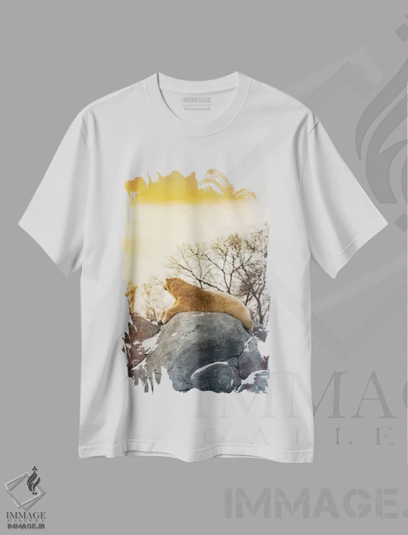 تیشرت سفید طرح دار خرس قطبی در حال آفتاب گرفتن روی صخره، مدیوم اثر نیک ریو | فروشگاه ایماژ