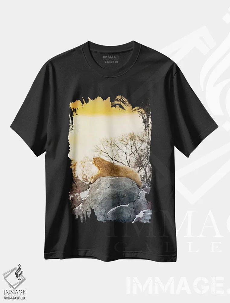 تیشرت مشکی طرح دار خرس قطبی در حال آفتاب گرفتن روی صخره، مدیوم اثر نیک ریو | immage.ir