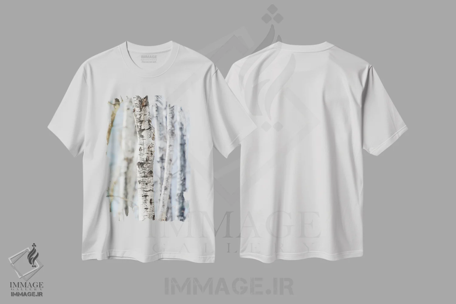 تیشرت سفید طرح دار درخت توس از نمای نزدیک با نور آسمان آبی، مدیوم اثر نیک ریو | فروشگاه ایماژ