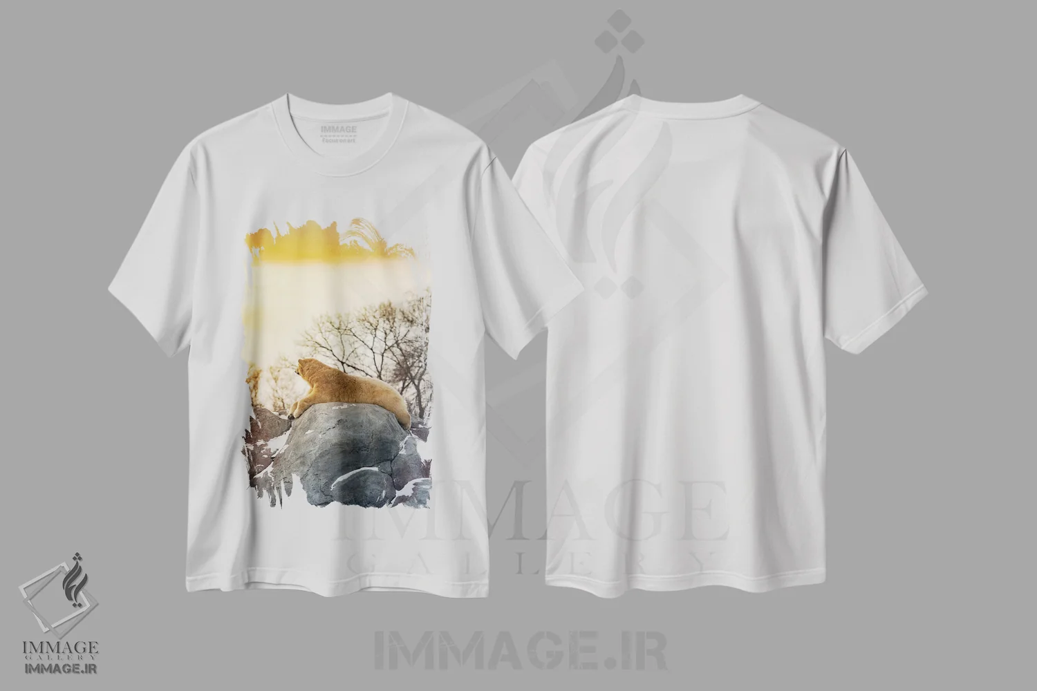 تیشرت سفید طرح دار خرس قطبی در حال آفتاب گرفتن روی صخره، مدیوم اثر نیک ریو | فروشگاه ایماژ