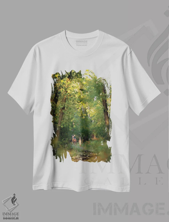 تیشرت سفید طرح دار تابلوی خانواده گوزن در جنگل هنگام صبح زود، مدیوم اثر نیک ریو | immage.ir