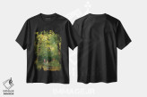 تیشرت مشکی طرح دار تابلوی خانواده گوزن در جنگل هنگام صبح زود، مدیوم اثر نیک ریو | فروشگاه ایماژ
