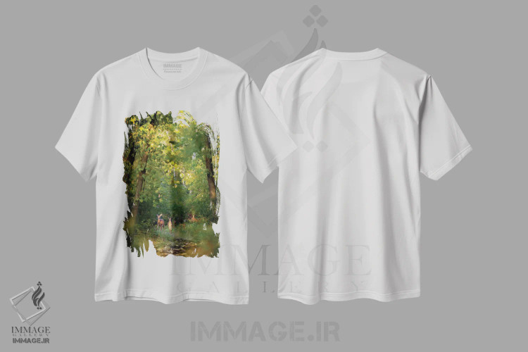 تیشرت سفید طرح دار تابلوی خانواده گوزن در جنگل هنگام صبح زود، مدیوم اثر نیک ریو | immage.ir