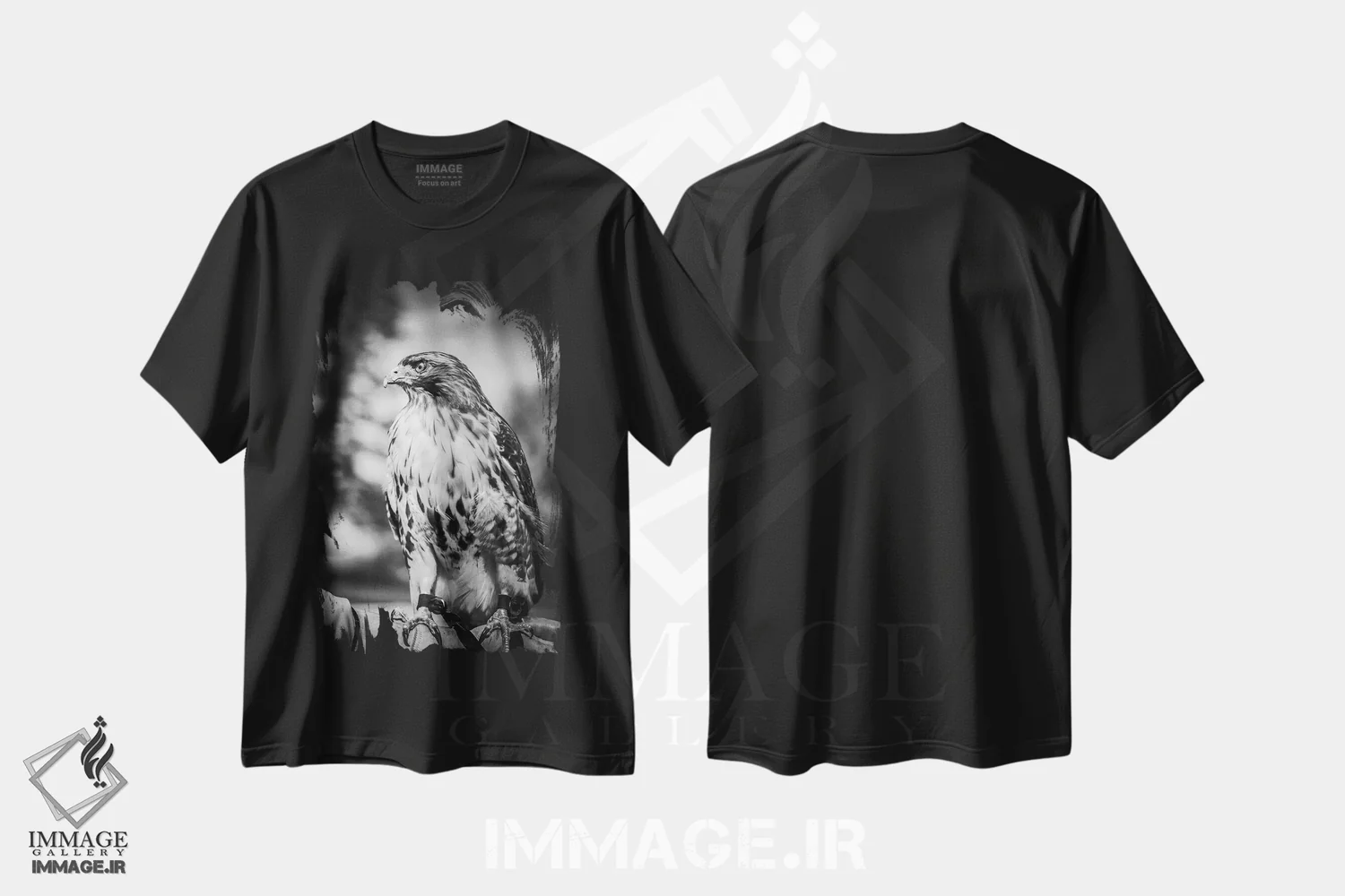 تیشرت مشکی طرح دار پرتره شاهین شکارچی، مدیوم اثر نیک ریو | immage.ir