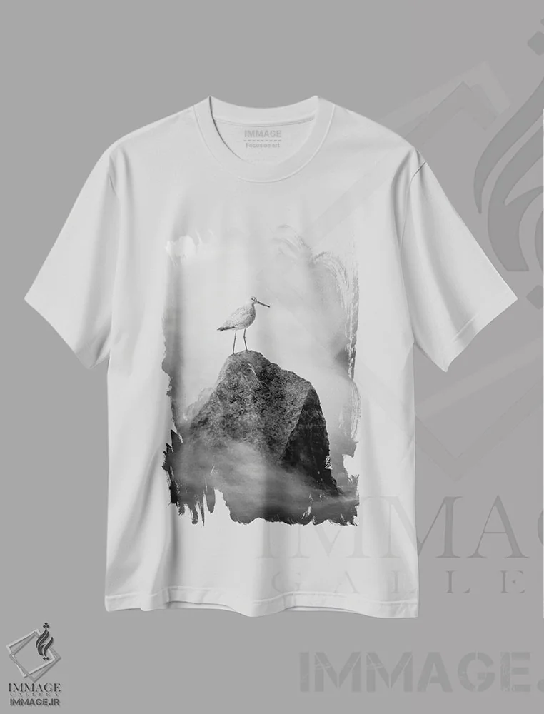 تیشرت سفید طرح دار اثر هنری سندپایپر روی سنگ، مدیوم اثر نیک ریو | immage.ir