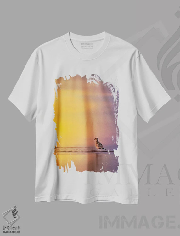 تیشرت سفید طرح دار مرغ دریایی هنگام طلوع خورشید، مدیوم اثر نیک ریو | immage.ir