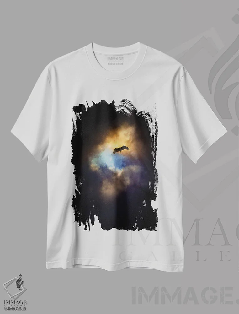 تیشرت سفید طرح دار عقاب در نقطه ای از نور آسمان، مدیوم اثر نیک ریو | فروشگاه ایماژ