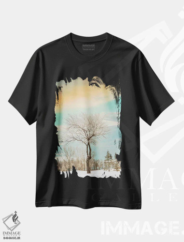 تیشرت مشکی طرح دار درخت تنها پوشیده از برف، مدیوم اثر نیک ریو | فروشگاه ایماژ