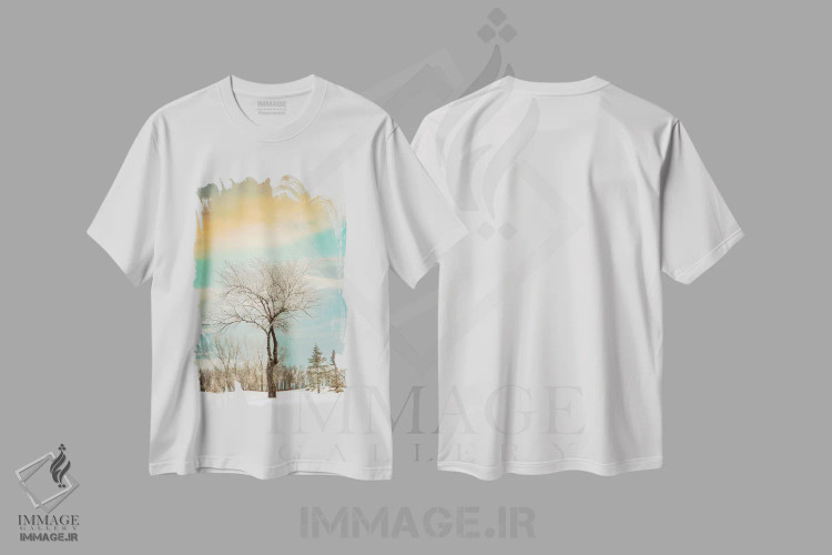 تیشرت سفید طرح دار درخت تنها پوشیده از برف، مدیوم اثر نیک ریو | immage.ir