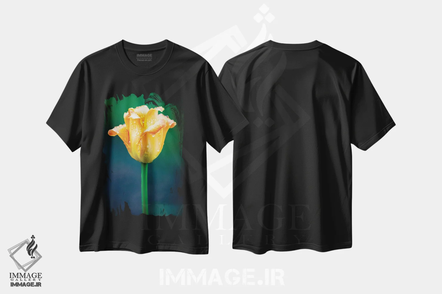 تیشرت مشکی طرح دار قطرات آب روی گل لاله نارنجی، عکاسی ماکرو اثر نیک ریو | immage.ir