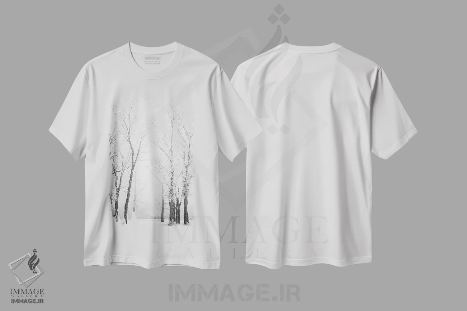 تیشرت سفید طرح دار مسیر میان درختان یخ زده، دکور تعطیلات اثر نیک ریو | immage.ir
