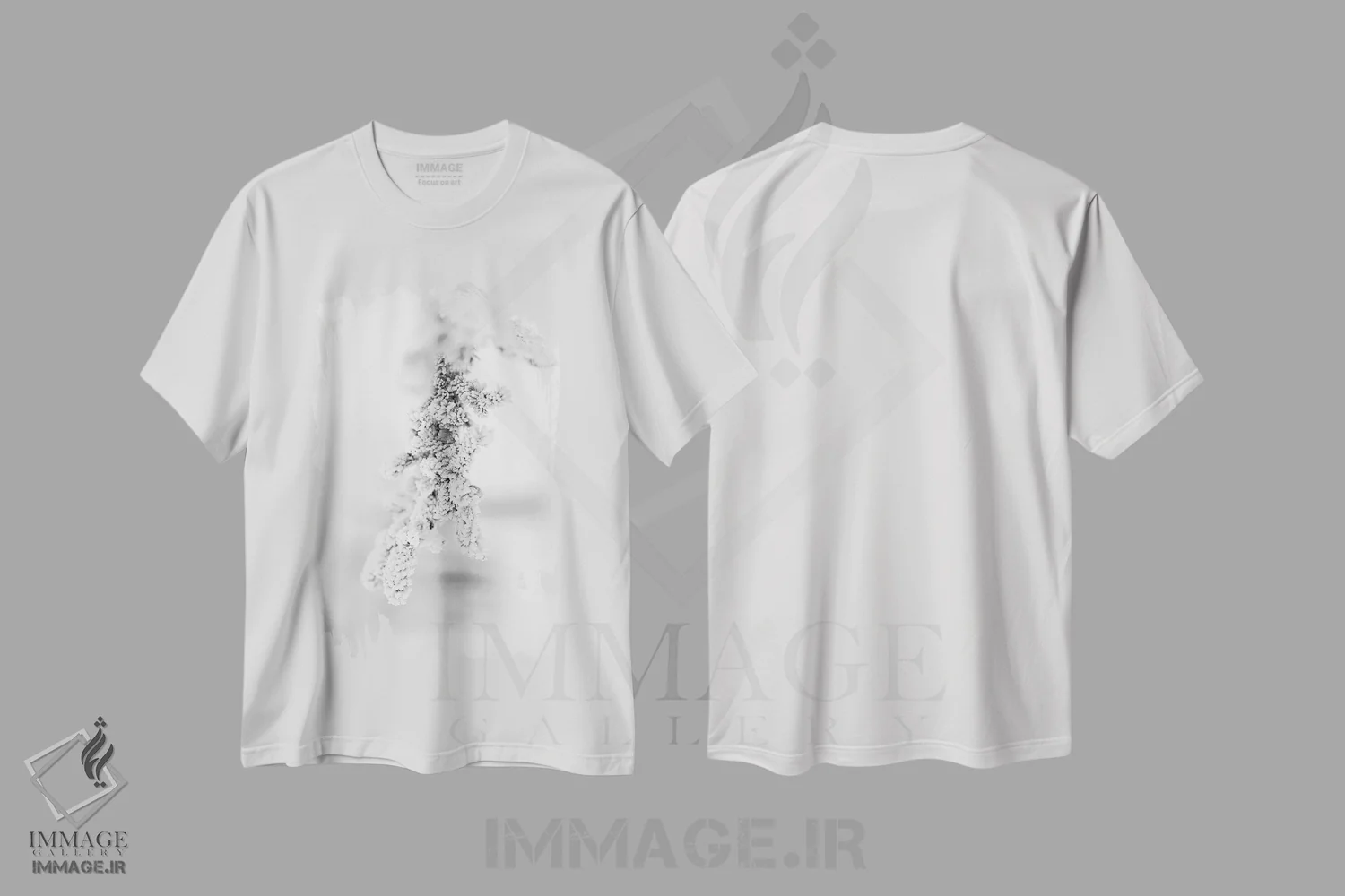 تیشرت سفید طرح دار شاخه کاج یخ زده، دکور تعطیلات اثر نیک ریو | فروشگاه ایماژ