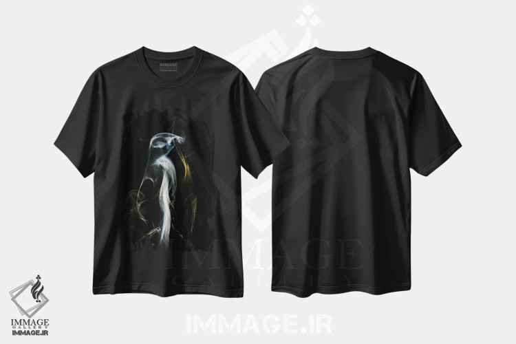 تیشرت مشکی طرح دار پنگوئن در میان دود، آبستره اثر نیک ریو | فروشگاه ایماژ