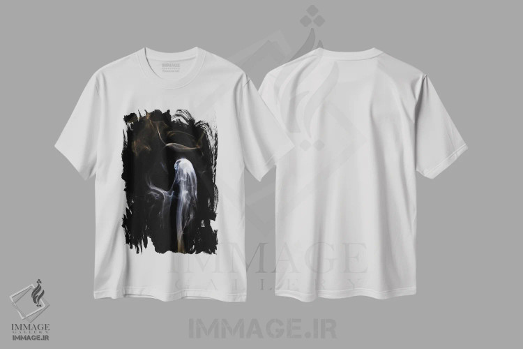 تیشرت سفید طرح دار شبح در میان دود، آبستره اثر نیک ریو | فروشگاه ایماژ