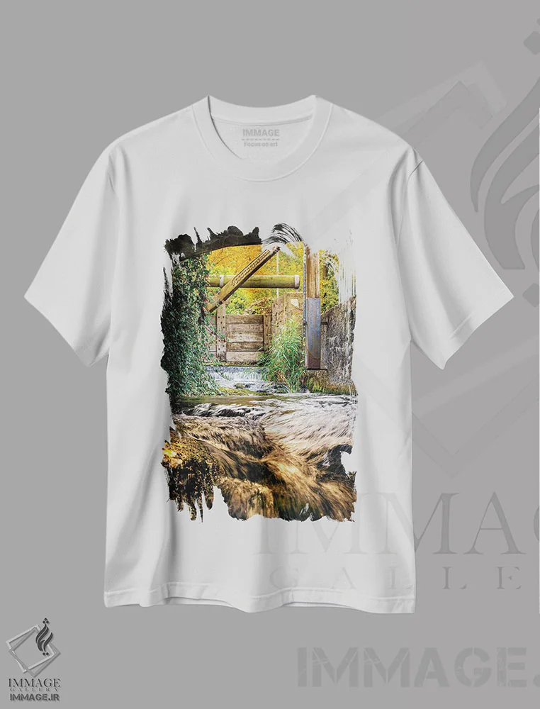 تیشرت سفید طرح دار رودخانه آبشار کوچک زیر پل، مدیوم اثر نیک ریو | فروشگاه ایماژ