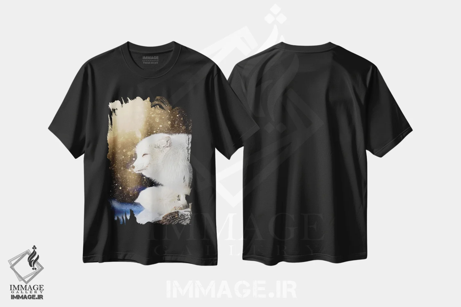 تیشرت مشکی طرح دار روباه قطبی در نوری حماسی، مدیوم اثر نیک ریو | فروشگاه ایماژ