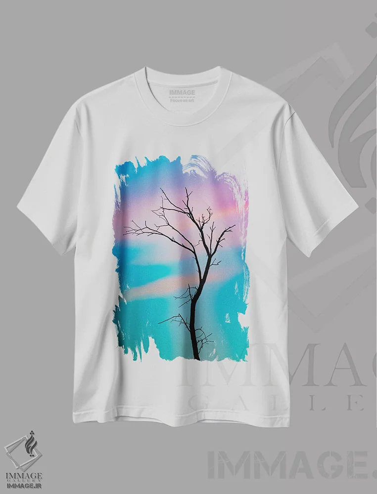 تیشرت سفید طرح دار طرح درخت با آسمان شبیه پشمک، مدیوم اثر نیک ریو | فروشگاه ایماژ