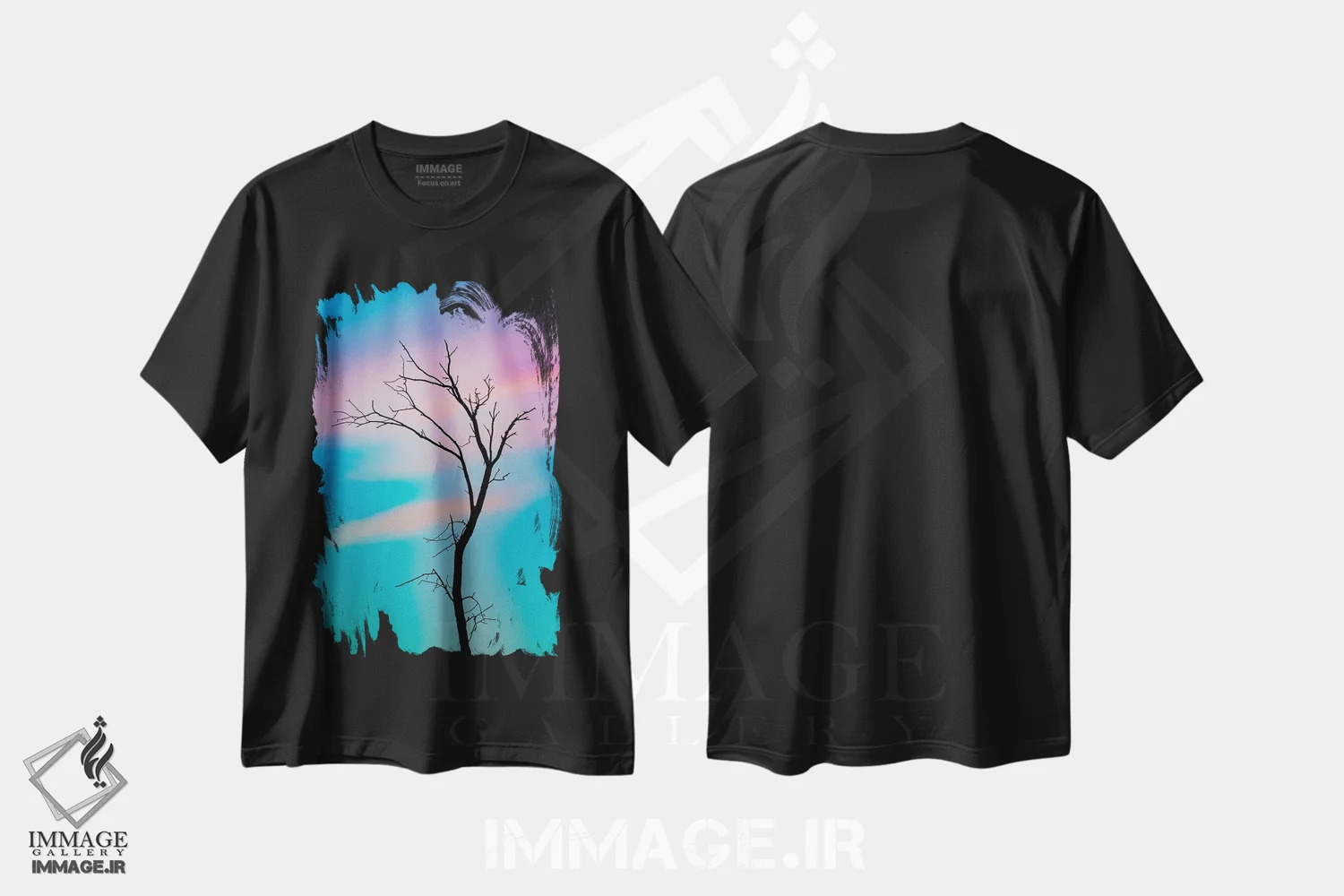 تیشرت مشکی طرح دار طرح درخت با آسمان شبیه پشمک، مدیوم اثر نیک ریو | immage.ir