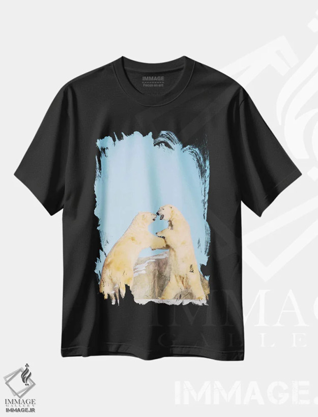 تیشرت مشکی طرح دار خرس های قطبی در حال بازی روی تپه، مدیوم اثر نیک ریو | فروشگاه ایماژ