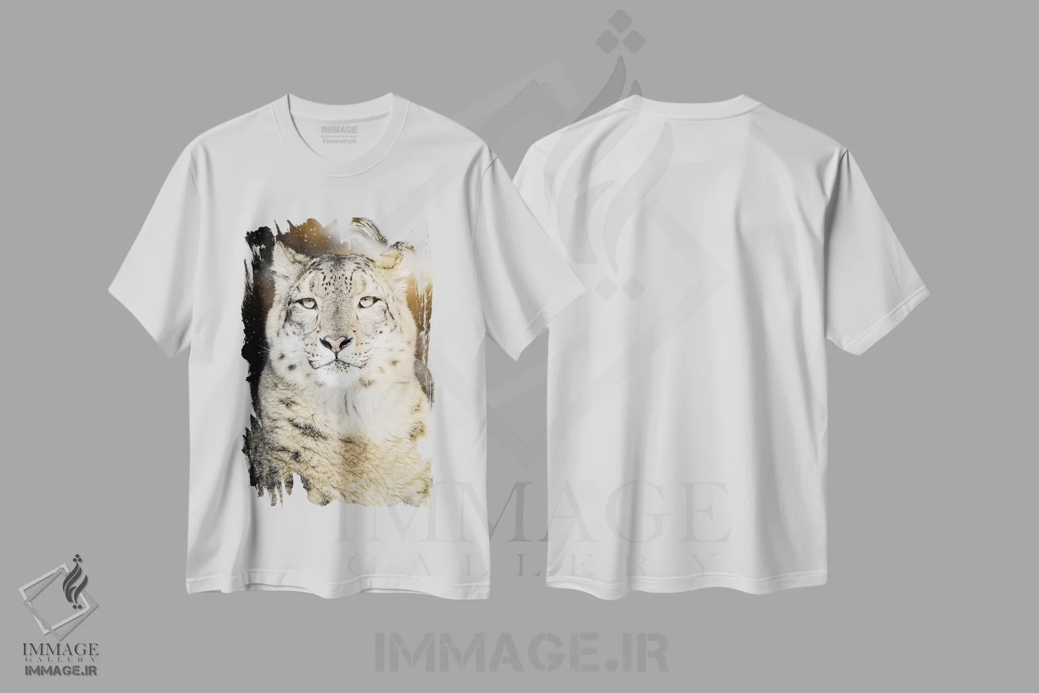 تیشرت سفید طرح دار پرتره پلنگ برفی، مدیوم اثر نیک ریو | فروشگاه ایماژ