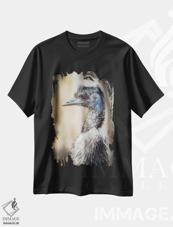 تیشرت مشکی طرح دار پرتره شترمرغ استرالیایی، مدیوم اثر نیک ریو | فروشگاه ایماژ