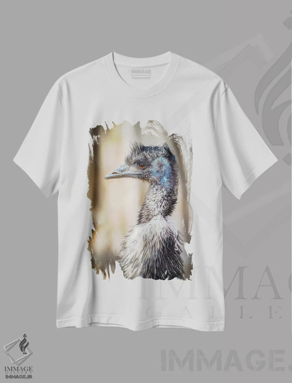 تیشرت سفید طرح دار پرتره شترمرغ استرالیایی، مدیوم اثر نیک ریو | immage.ir