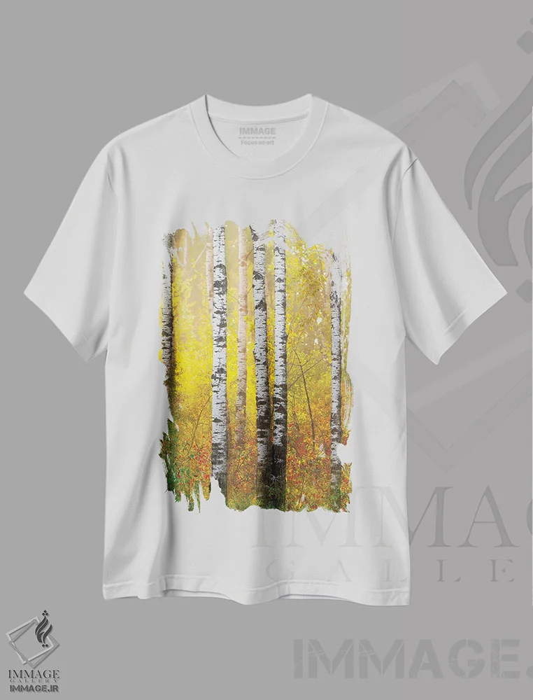 تیشرت سفید طرح دار جنگل طلایی، مدیوم اثر نیک ریو | immage.ir