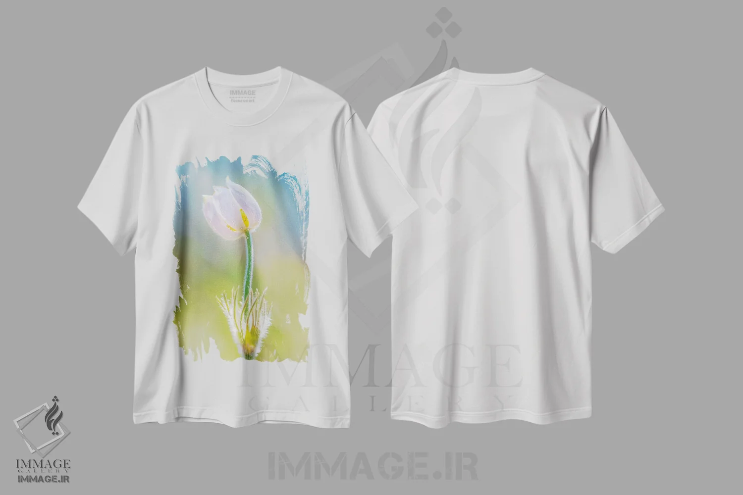 تیشرت سفید طرح دار زعفران جادویی در نور صبحگاهی، مدیوم اثر نیک ریو | فروشگاه ایماژ