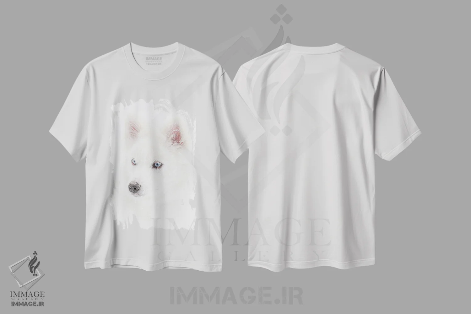 تیشرت سفید طرح دار سگ در بارش برف، عکاسی سیاه و سفید اثر نیک ریو | فروشگاه ایماژ