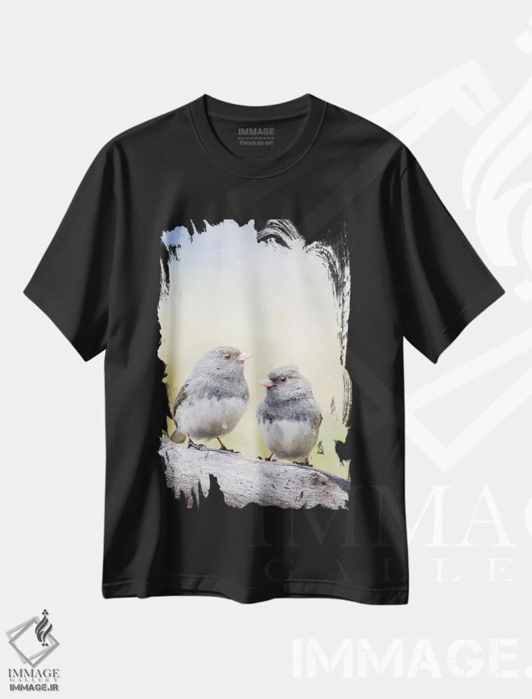 تیشرت مشکی طرح دار دو پرنده روی نیمکت، مدیوم اثر نیک ریو | فروشگاه ایماژ
