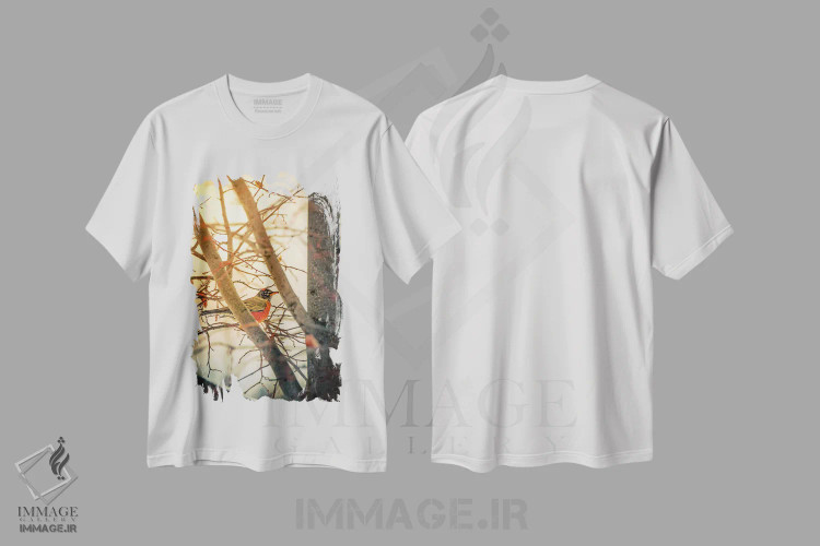 تیشرت سفید طرح دار روبین خورشید و درخت، مدیوم اثر نیک ریو | فروشگاه ایماژ