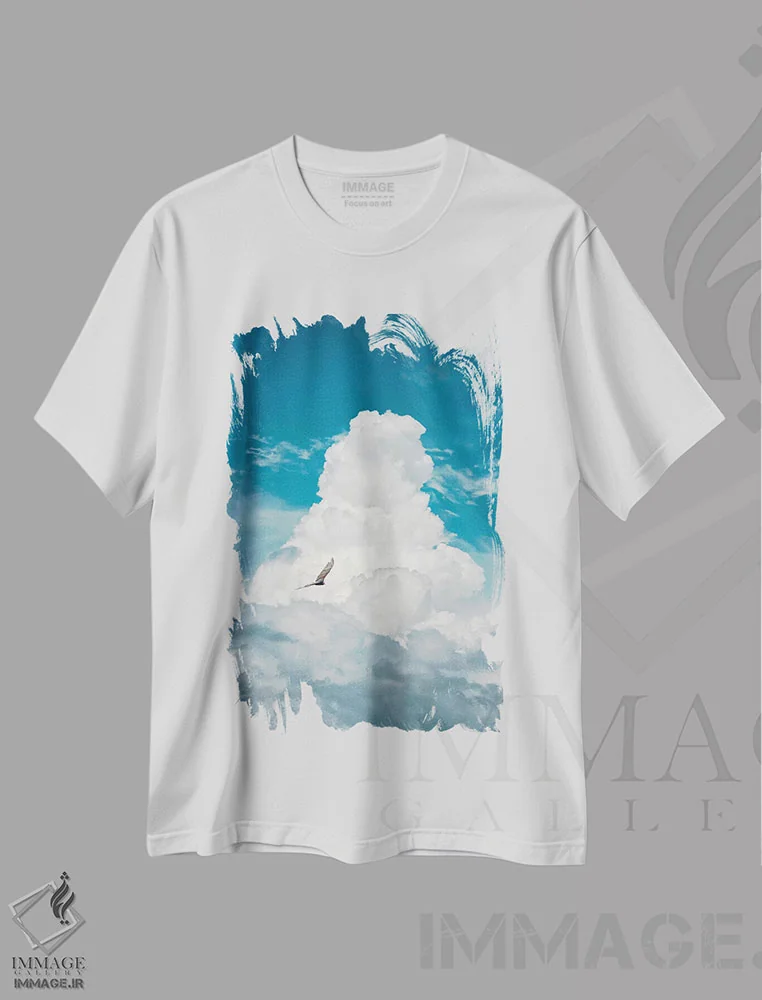 تیشرت سفید طرح دار کرکس میان ابرها، مدیوم اثر نیک ریو | فروشگاه ایماژ