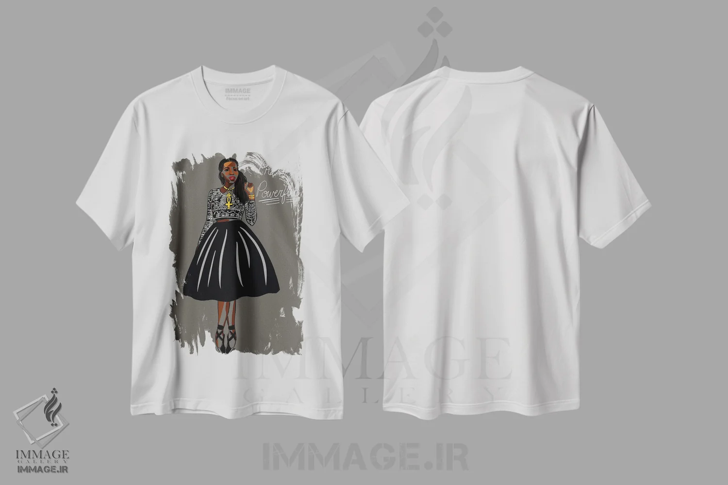 تیشرت سفید طرح دار زیبا و قدرتمند، هنر آمریکایی آفریقایی تبار اثر نوئل آر ایکس | immage.ir