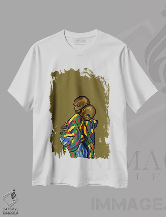 تیشرت سفید طرح دار بابا و من ۱، هنر آمریکایی آفریقایی تبار اثر نوئل آر ایکس | فروشگاه ایماژ
