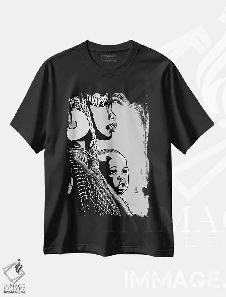 تیشرت مشکی طرح دار فرزند مامان ۳، هنر آمریکایی آفریقایی تبار اثر نوئل آر ایکس | فروشگاه ایماژ