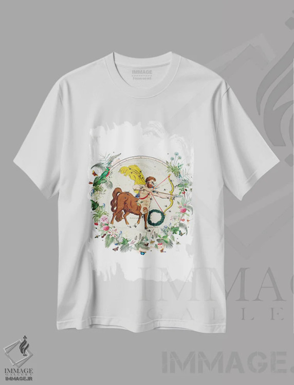 تیشرت سفید طرح دار فال برج قوس، دکور بوهمی اثر ناتالی رایان | فروشگاه ایماژ
