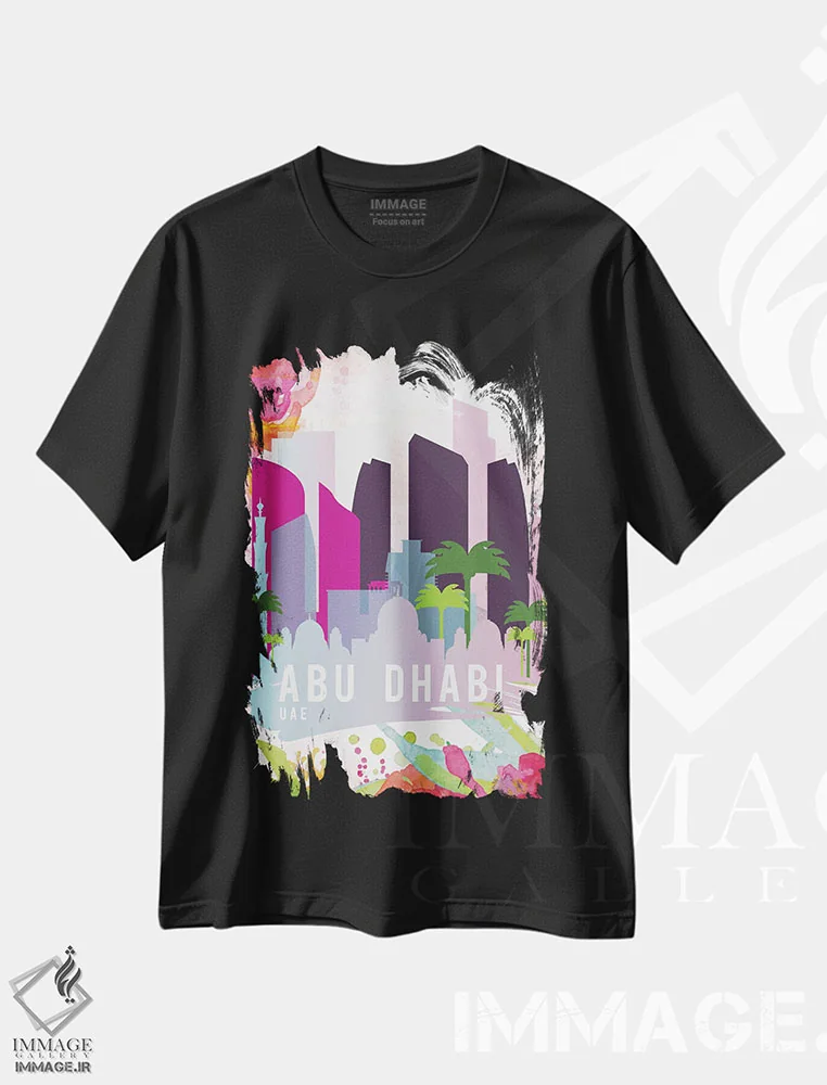 تیشرت مشکی طرح دار پوستر سفر ابوظبی، تزئینی اثر ناتالی رایان | فروشگاه ایماژ