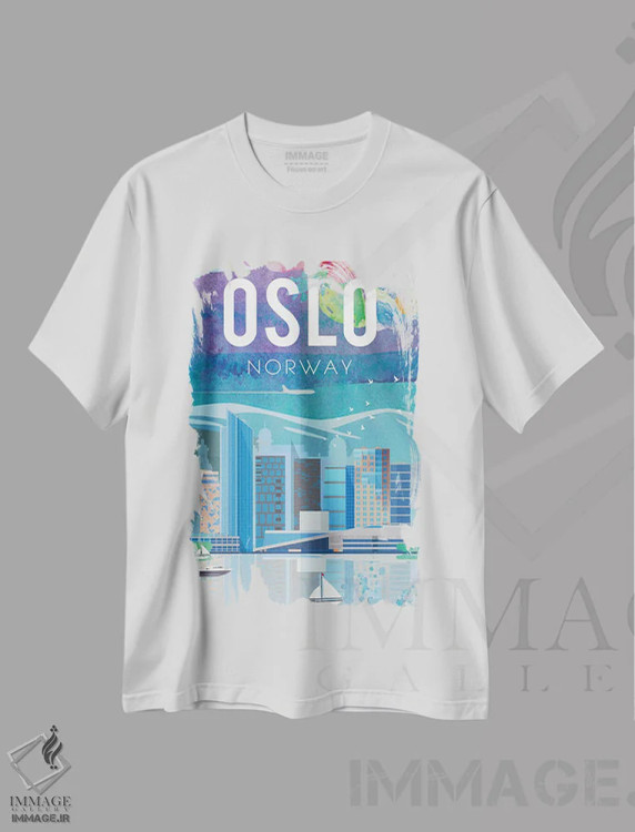 تیشرت سفید طرح دار پوستر سفر اسلو، تزئینی اثر ناتالی رایان | فروشگاه ایماژ