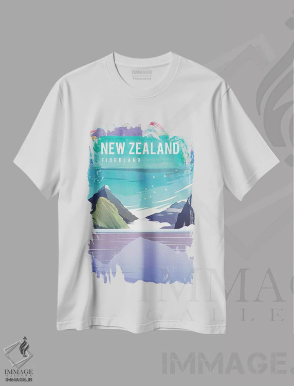 تیشرت سفید طرح دار پوستر سفر نیوزیلند، تزئینی اثر ناتالی رایان | فروشگاه ایماژ