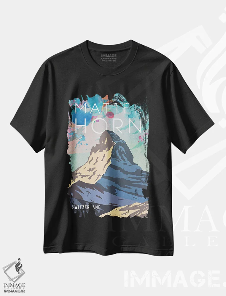 تیشرت مشکی طرح دار پوستر سفر به ماترهورن، تزئینی اثر ناتالی رایان | immage.ir