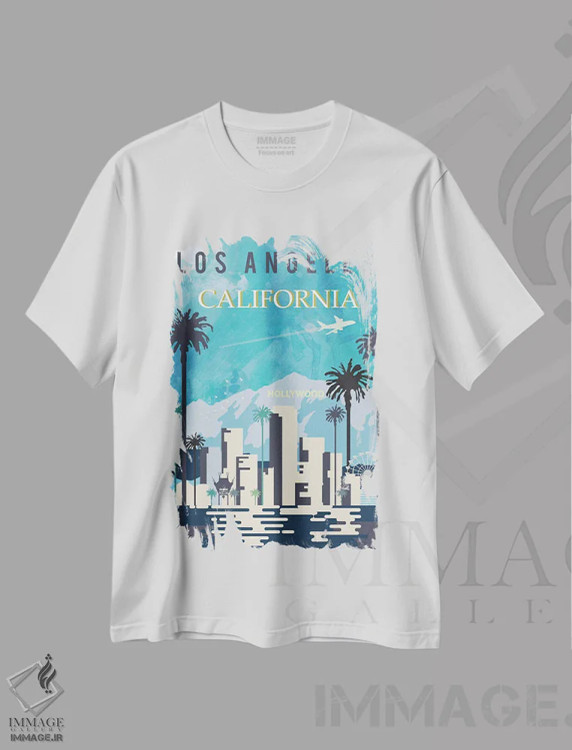 تیشرت سفید طرح دار پوستر سفر به لس آنجلس، تزئینی اثر ناتالی رایان | immage.ir