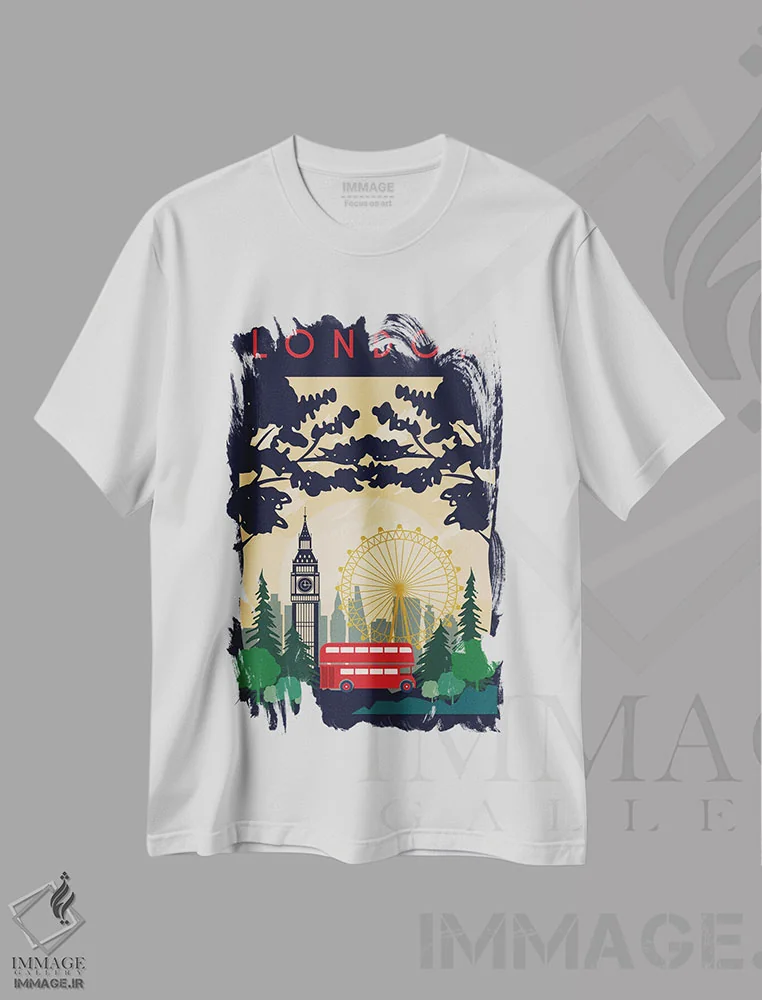 تیشرت سفید طرح دار پوستر سفر اتوبوس لندن، تزئینی اثر ناتالی رایان | immage.ir