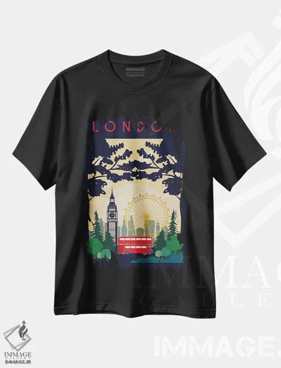تیشرت مشکی طرح دار پوستر سفر اتوبوس لندن، تزئینی اثر ناتالی رایان | فروشگاه ایماژ