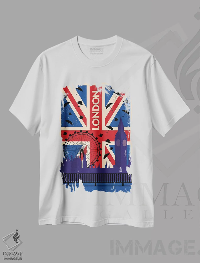 تیشرت سفید طرح دار پوستر سفر به لندن با پرچم بریتانیا، تزئینی اثر ناتالی رایان | فروشگاه ایماژ