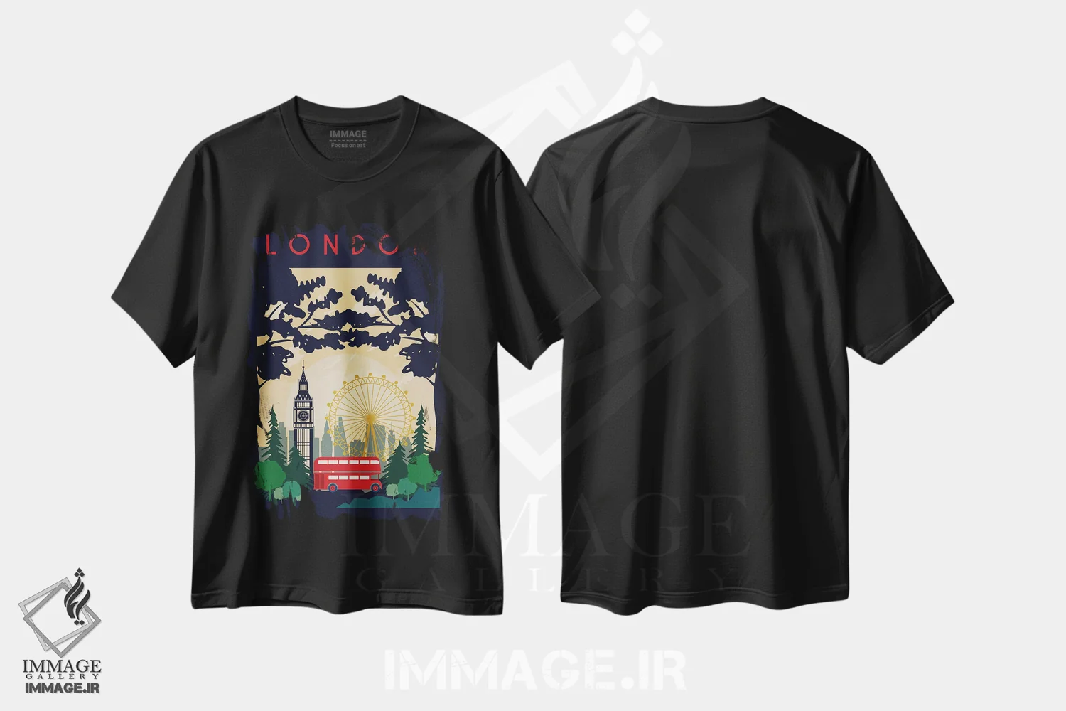 تیشرت مشکی طرح دار پوستر سفر اتوبوس لندن، تزئینی اثر ناتالی رایان | فروشگاه ایماژ