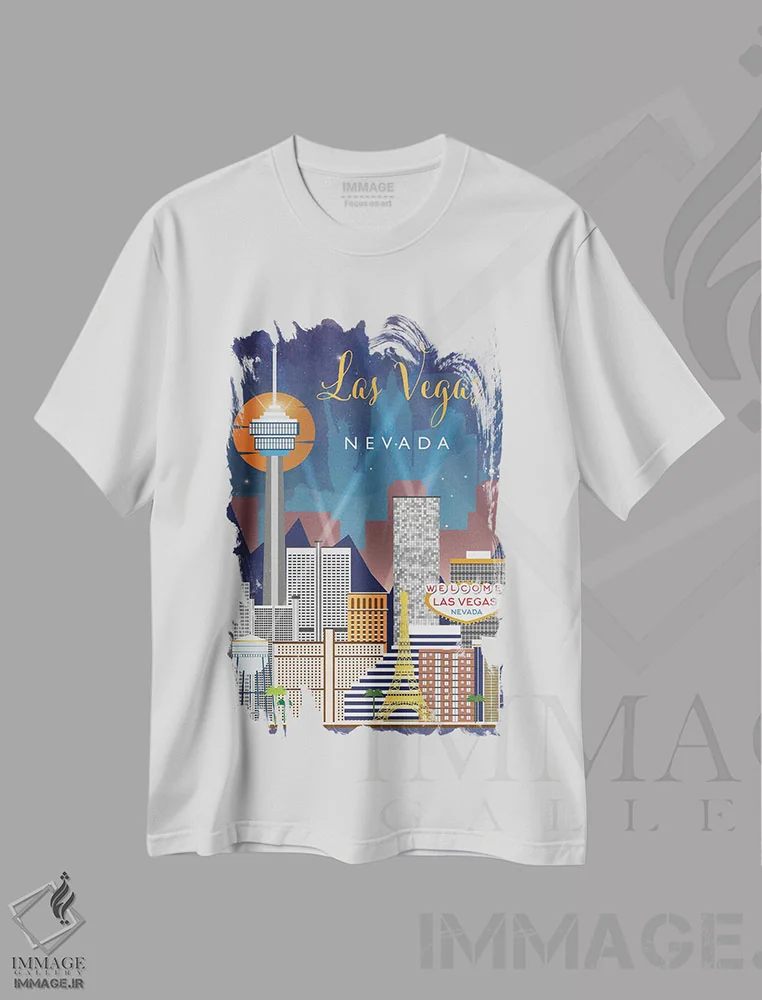 تیشرت سفید طرح دار پوستر سفر به لاس وگاس، تزئینی اثر ناتالی رایان | فروشگاه ایماژ
