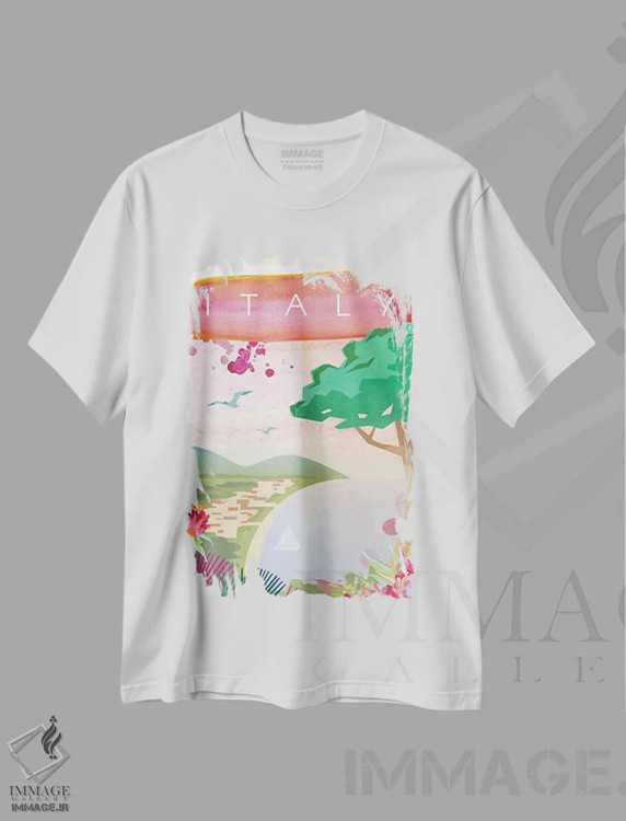 تیشرت سفید طرح دار پوستر سفر به ایتالیا، تزئینی اثر ناتالی رایان | فروشگاه ایماژ