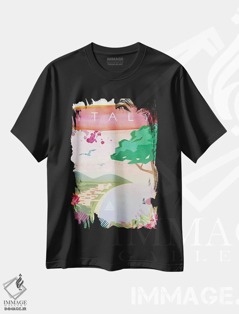تیشرت مشکی طرح دار پوستر سفر به ایتالیا، تزئینی اثر ناتالی رایان | immage.ir