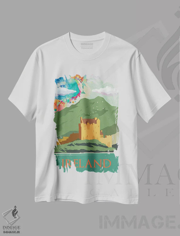 تیشرت سفید طرح دار پوستر سفر به کوه های سبز ایرلند، تزئینی اثر ناتالی رایان | immage.ir