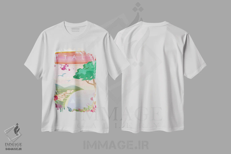 تیشرت سفید طرح دار پوستر سفر به ایتالیا، تزئینی اثر ناتالی رایان | فروشگاه ایماژ